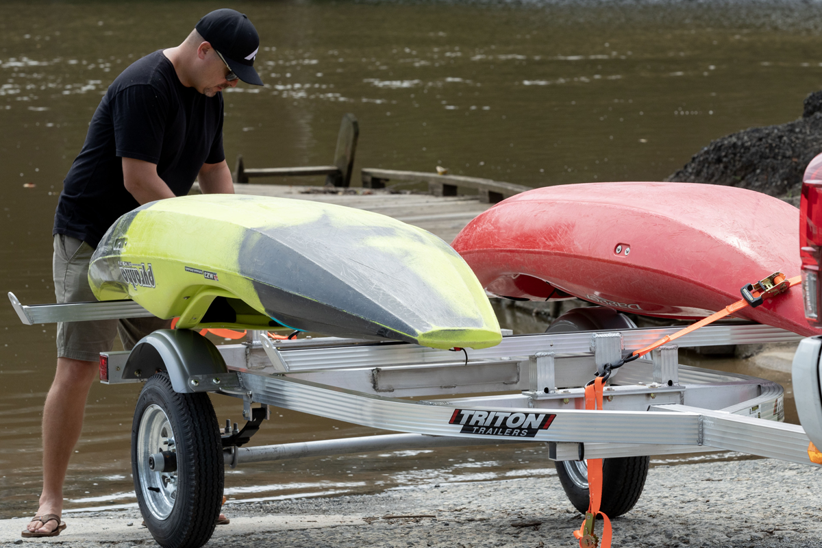 Two Place LXT-LK Series Trailer With Kayaks In Front Of Lake